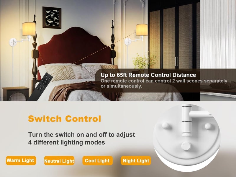 GOODATE Plug in Wall Sconces with Remote Control, Dimming, Adjustable Colors 2700K-6500K, Hardwire or Plug-in, Swing Arm Wall Lamp, Wall Sconces Set of Two, White Fabric Shade, White Finish - Image 5